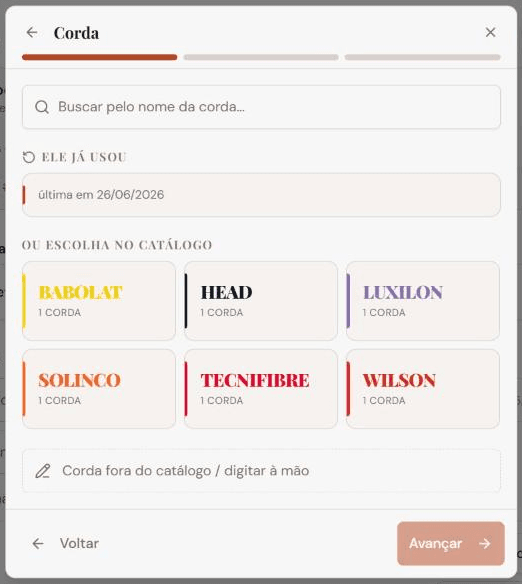 Seletor de corda em passos: campo de busca, o setup que o cliente já usou com a data, e a grade de marcas de corda com o nome de cada uma na cor da marca